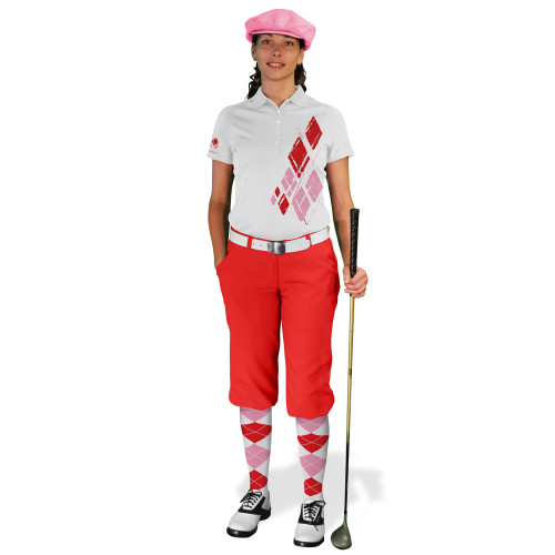 Ladies Golf Knickers Argyle Utopia Outfit 6Q - White/Pink/Red