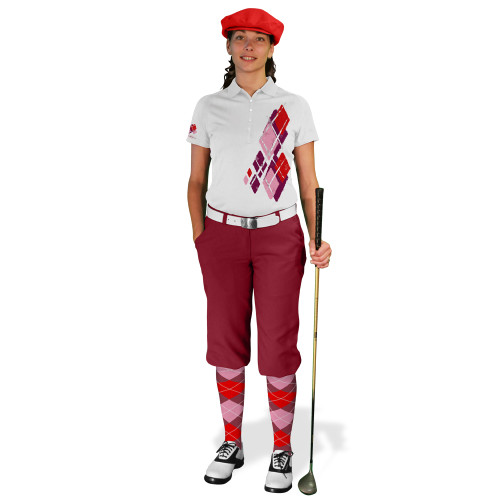 Ladies Golf Knickers Argyle Utopia Outfit 6V - Maroon/Pink/Red
