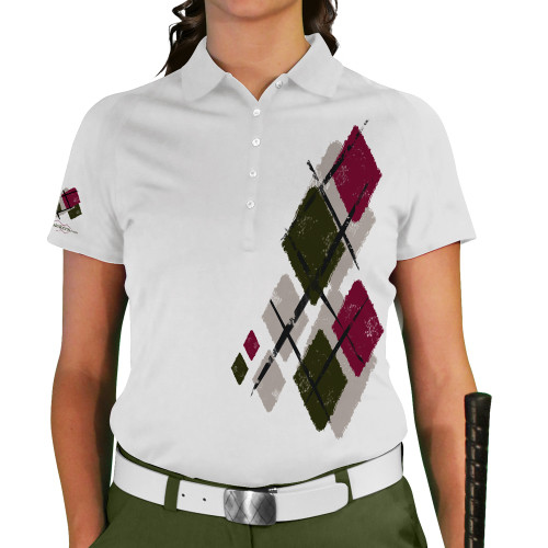 Ladies Argyle Utopia Golf Shirt - B: Taupe/Maroon/Olive