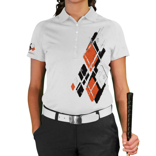 Ladies Argyle Utopia Golf Shirt - SSS: Black/Orange/White