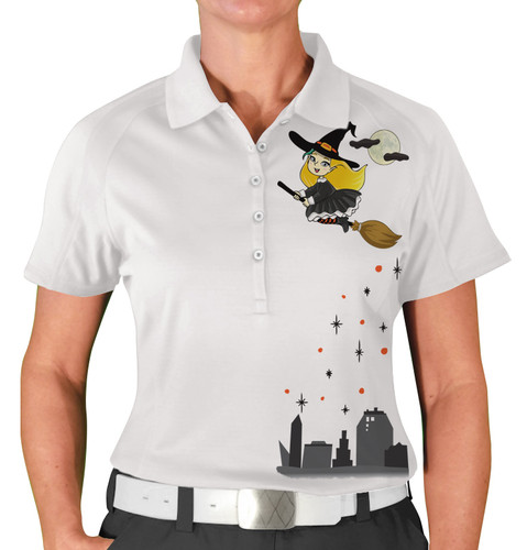 Ladies Halloween Golf Shirt - Flying Witch