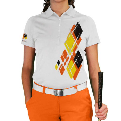 Ladies Argyle Utopia Golf Shirt - 5I: Orange/Yellow/Black