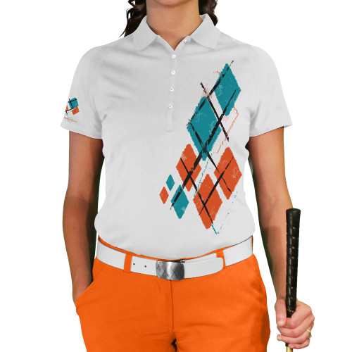 Ladies Argyle Utopia Golf Shirt - 5V: Orange/White/Teal