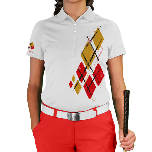 Ladies Argyle Utopia Golf Shirt - 5W: White/Gold/Red