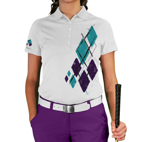 Ladies Argyle Utopia Golf Shirt - 6J: White/Purple/Teal