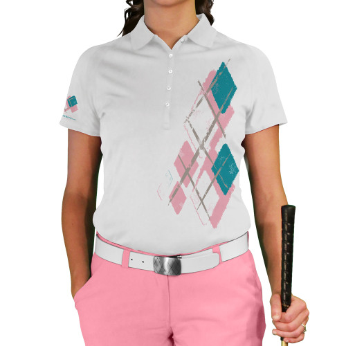 Ladies Argyle Utopia Golf Shirt - 6T: Pink/White/Teal