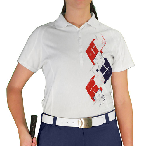 Ladies Sport Pro Dry White Microfiber Shirt with White, Navy Blue and Red Argyle Paradise Design Front
