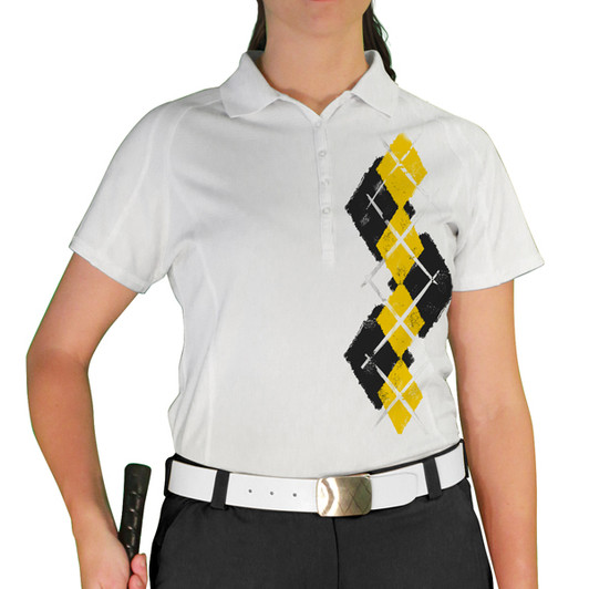 Ladies Sport Pro Dry White Microfiber Shirt with Black and Yellow Argyle Paradise Design Front