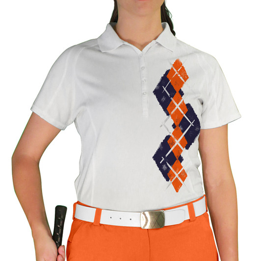 Ladies Sport Pro Dry White Microfiber Shirt with Navy and Orange Argyle Paradise Design Ladies Sport Pro Dry White Microfiber Shirt with Navy and Orange Argyle Paradise Design