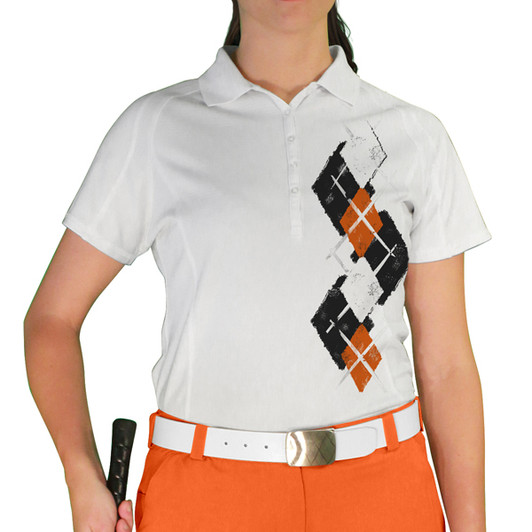 Ladies Sport Pro Dry White Microfiber Shirt with Black, Orange and White Argyle Paradise Design Front Ladies Sport Pro Dry White Microfiber Shirt with Black, Orange and White Argyle Paradise Design Front