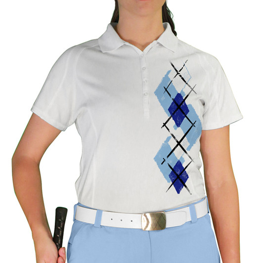 Ladies Sport Pro Dry White Microfiber Shirt with Light Blue, Royal Blue and White Argyle Paradise Design Front