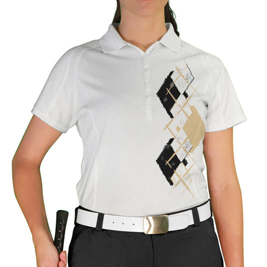 Ladies Sport Pro Dry White Microfiber Shirt with White, Black and Khaki Argyle Paradise Design Front