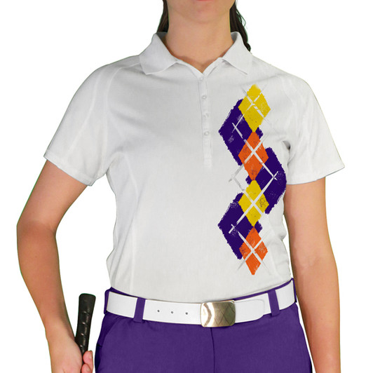 Ladies Sport Pro Dry White Microfiber Shirt with Purple, Orange and Yellow Argyle Paradise Design Front