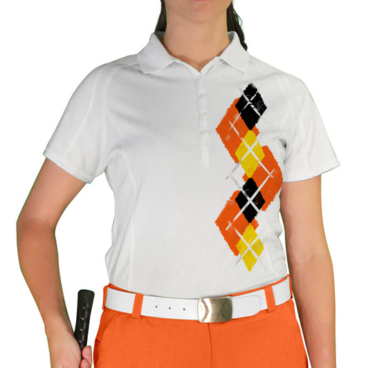 Ladies Sport Pro Dry White Microfiber Shirt with Orange, Yellow and Black Argyle Paradise Design Front Ladies Sport Pro Dry White Microfiber Shirt with Orange, Yellow and Black Argyle Paradise Design Front