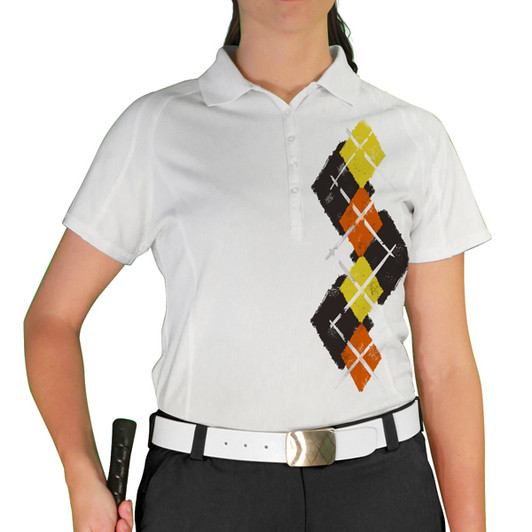 Ladies Sport Pro Dry White Microfiber Shirt with Black, Orange and Yellow Argyle Paradise Design Front Ladies Sport Pro Dry White Microfiber Shirt with Black, Orange and Yellow Argyle Paradise Design Front