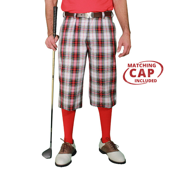 80s Vintage Care Instructions Pants: 80s -Care Instructions- Mens navy blue  background, white, red, gold, green, black patchwork plaid wool flannel golf  pants with flat front, straight legs, plain cuffless hems, and