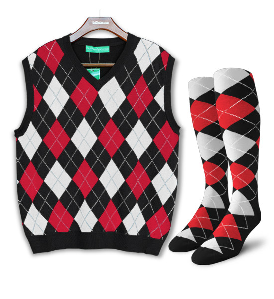 Schots Mantel Billy Argyle Golf Sweater Vest | Black/Red/White | Mens