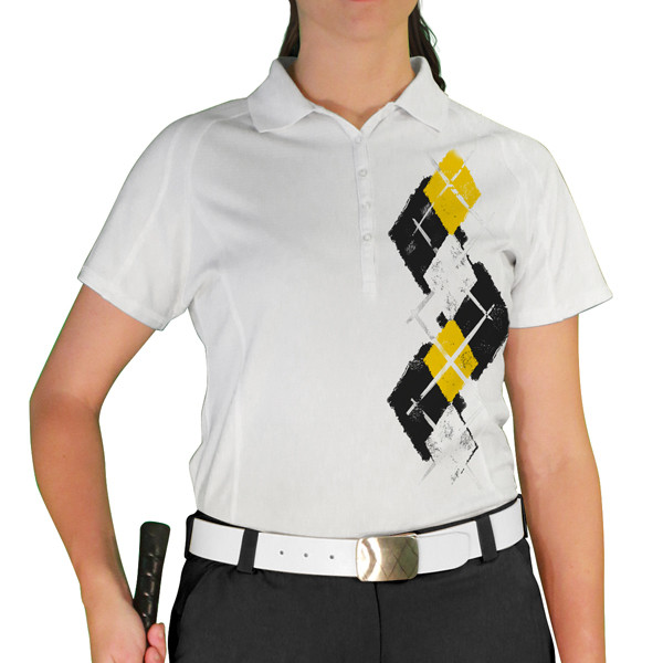 Ladies Sport Pro Dry White Microfiber Shirt with Black, Yellow and White Argyle Paradise Design Front