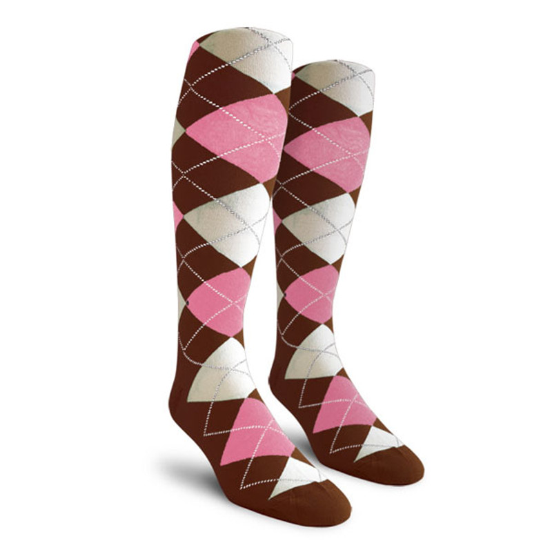 Ladies Over the Calf Argyle Socks Brown, Pink and White