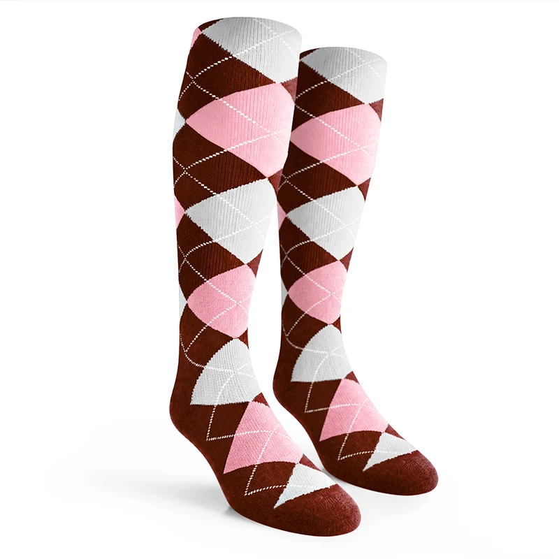 Argyle Socks - Ladies Over-the-Calf - AAAA: Brown/Pink/White