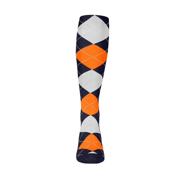 Ladies Over the Calf Argyle Sock Navy, Orange and White 360 View