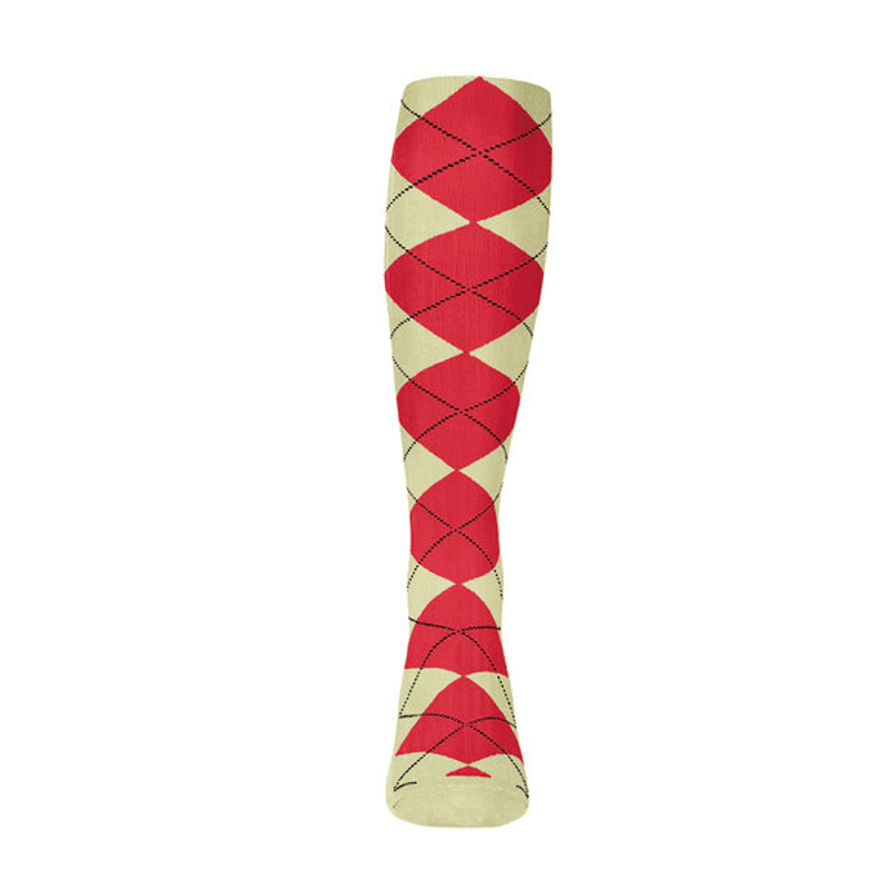 Ladies Over the Calf Argyle Sock Natural and Red 360 View