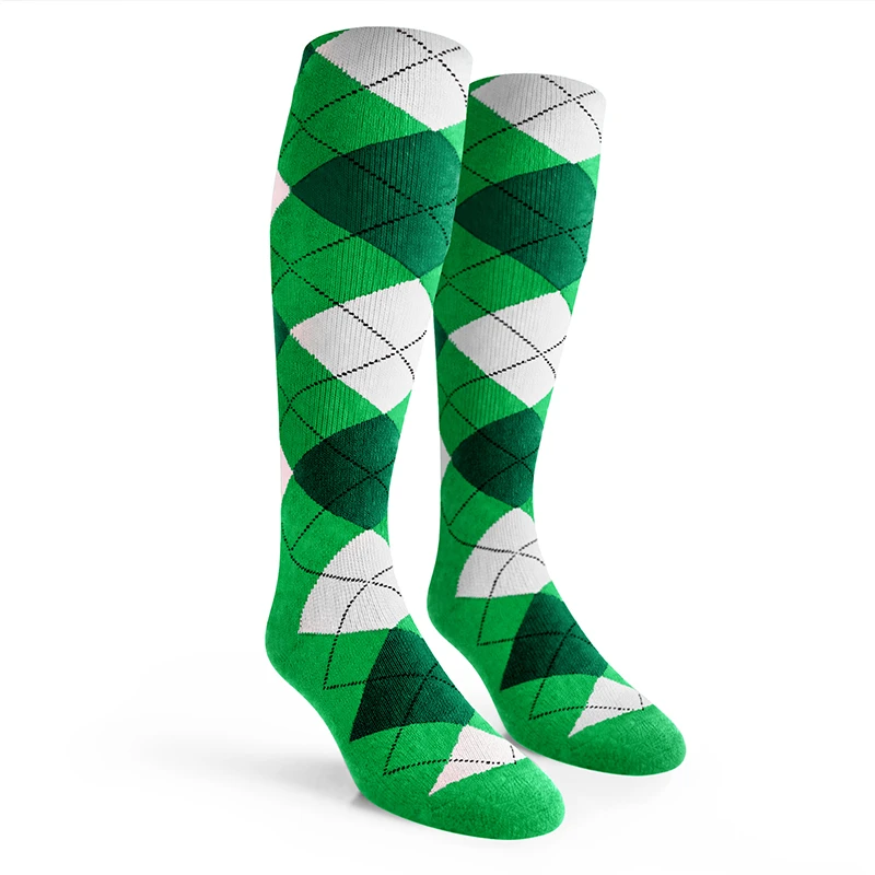 Youth Over the Calf Argyle Socks Lime, Dark Green and White