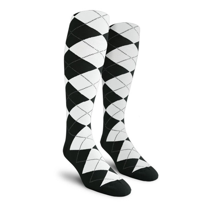 Mens Over the Calf Argyle Socks Black and White