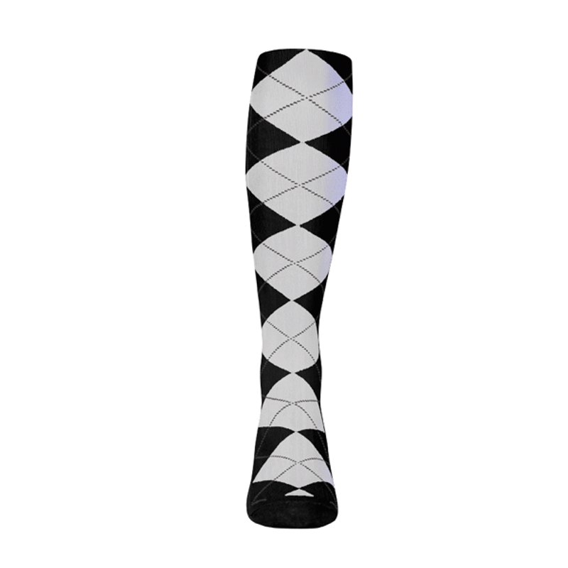 Mens Over the Calf Argyle Sock Black and White 360 View