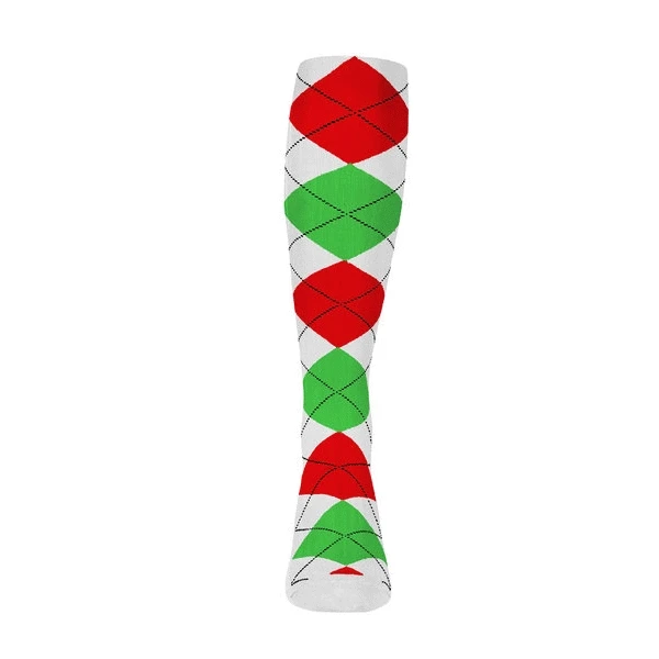 Youth Over the Calf Argyle Sock White, Lime Green and Red 360 View