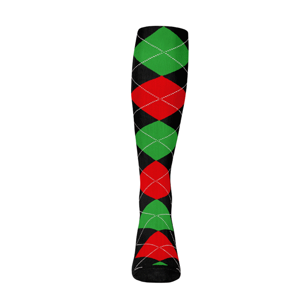 Ladies Over the Calf Argyle Sock Black, Red and Lime 360 View