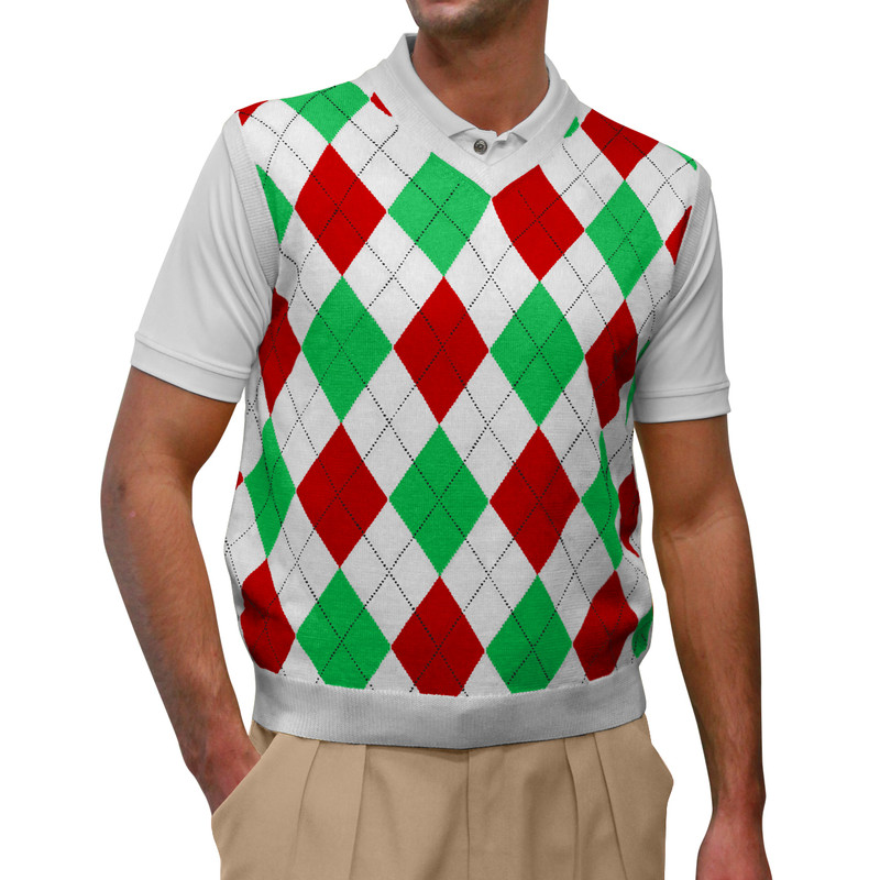 Argyle Golf Sweater Vest White/Lime/Red Mens