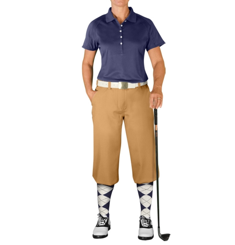 Ladies Sport Hybrid Microfiber Solid Navy Golf Shirt with Khaki Golf Knickers and Navy and White Argyle Socks