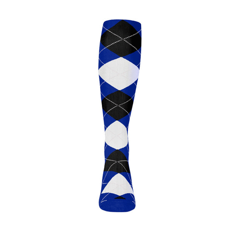 Mens Over the Calf Argyle Sock Royal Blue, Black and White 360 View