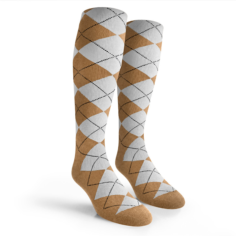 Ladies Over the Calf Argyle Socks Khaki and White