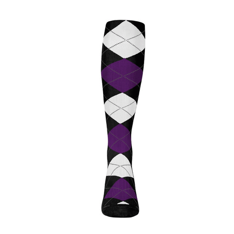 Mens Over the Calf Argyle Sock Black, Purple and White 360 View