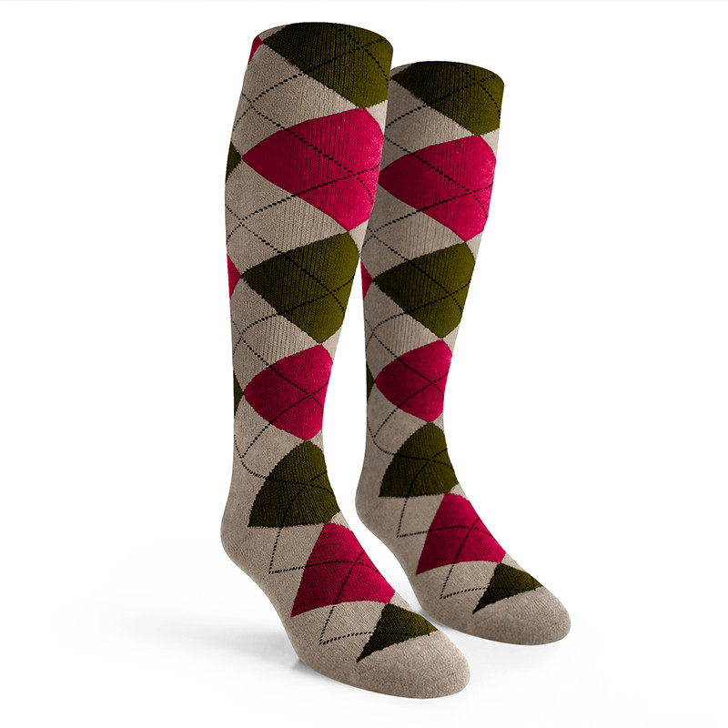 Argyle Socks - Ladies Over-the-Calf - B: Taupe/Maroon/Olive