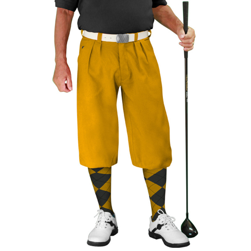 Mens Outdoor Sports Gold Microfiber Golf Knickers with Gold and Black Argyle Socks
