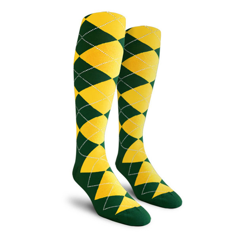 Mens Over the Calf Argyle Socks Dark Green and Yellow
