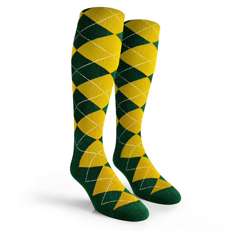 Argyle Socks - Mens Over-the-Calf - EEE: Dark Green/Yellow