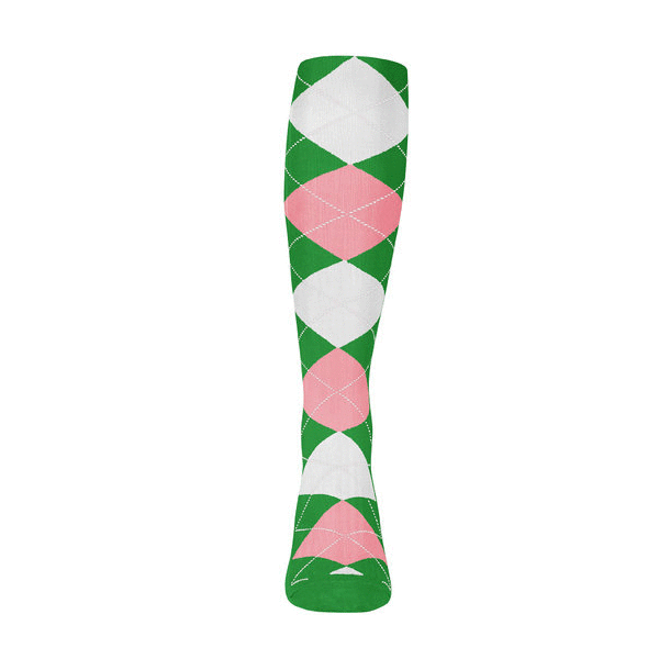Ladies Over the Calf Argyle Sock Lime Green, Pink and White 360 View