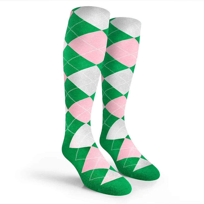 Argyle Socks - Mens Over-the-Calf - NNN: Lime/Pink/White