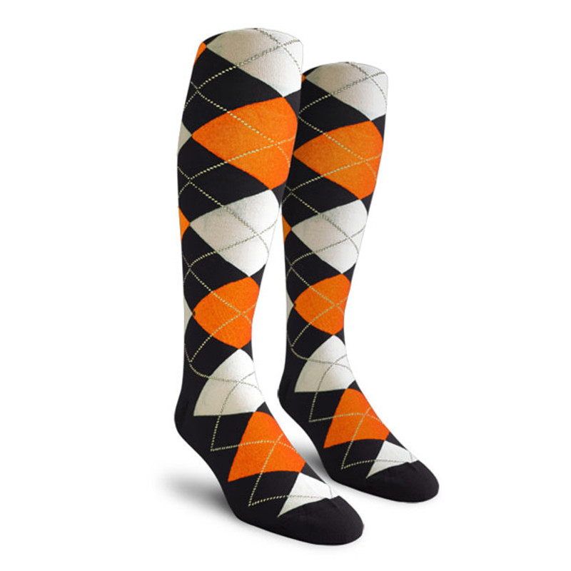 Mens Over the Calf Argyle Socks Black, Orange and White