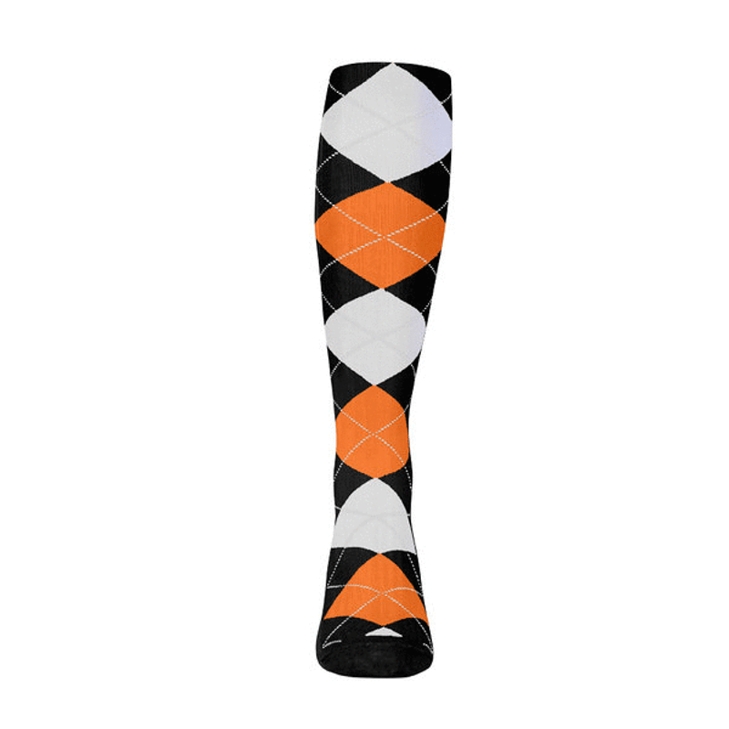 Mens Over the Calf Argyle Sock Black, Orange and White 360 View