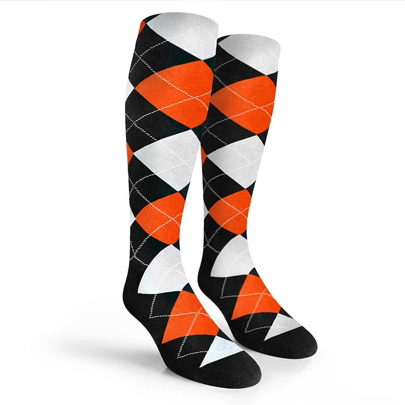 Argyle Socks - Mens Over-the-Calf - SSS: Black/Orange/White