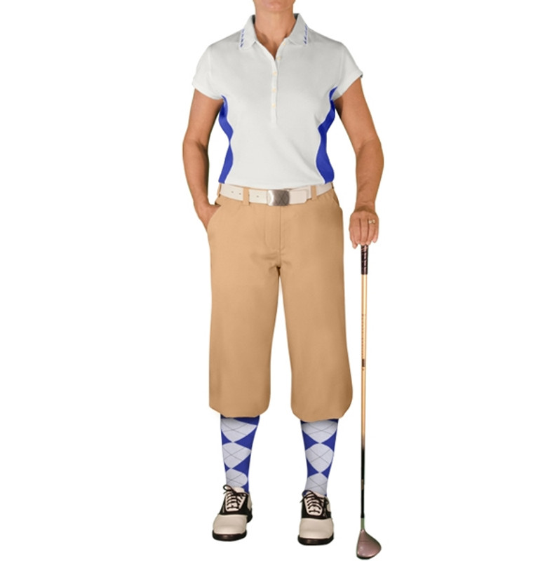 Ladies Sports Microfiber Duel Tone Clubman White and Royal Blue Shirt with Khaki Golf Knickers and Royal Blue and White Argyle Socks