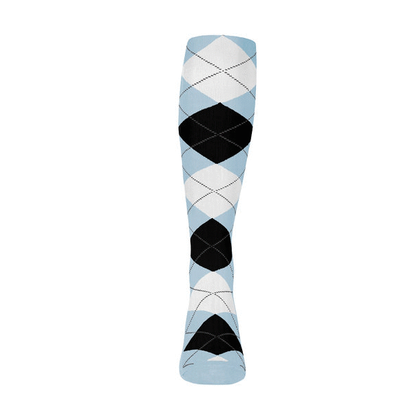 Ladies Over the Calf Argyle Sock Light Blue, Black and White 360 View