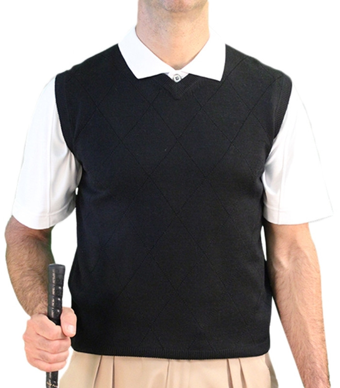 Mens Argyle Sweater Vest Solid Black with White Shirt
