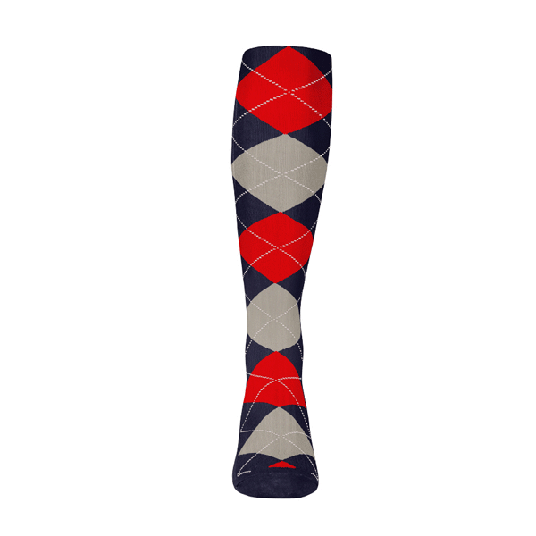 Ladies Over the Calf Argyle Sock Navy, Taupe and Red 360 View
