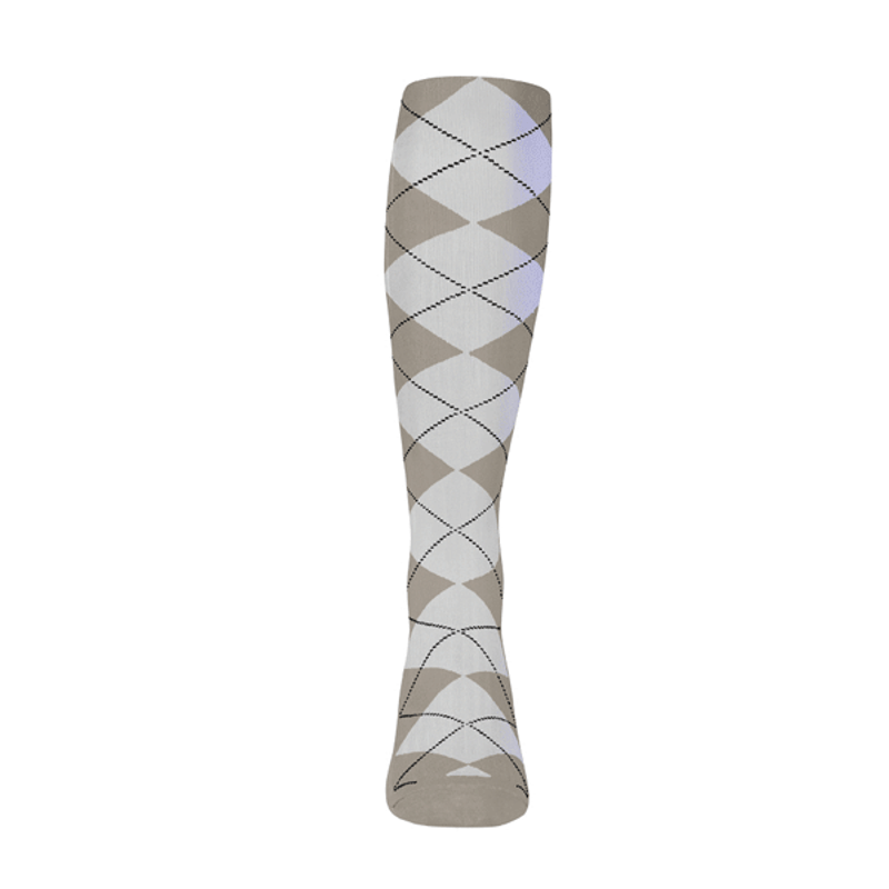 Mens Over the Calf Argyle Sock Taupe and White 360 View